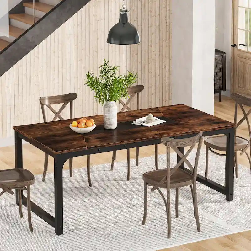 Table à manger rectangulaire industrielle marron rustique avec cadre en métal noir