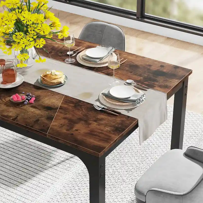Table à manger rectangulaire industrielle marron rustique avec cadre en métal noir