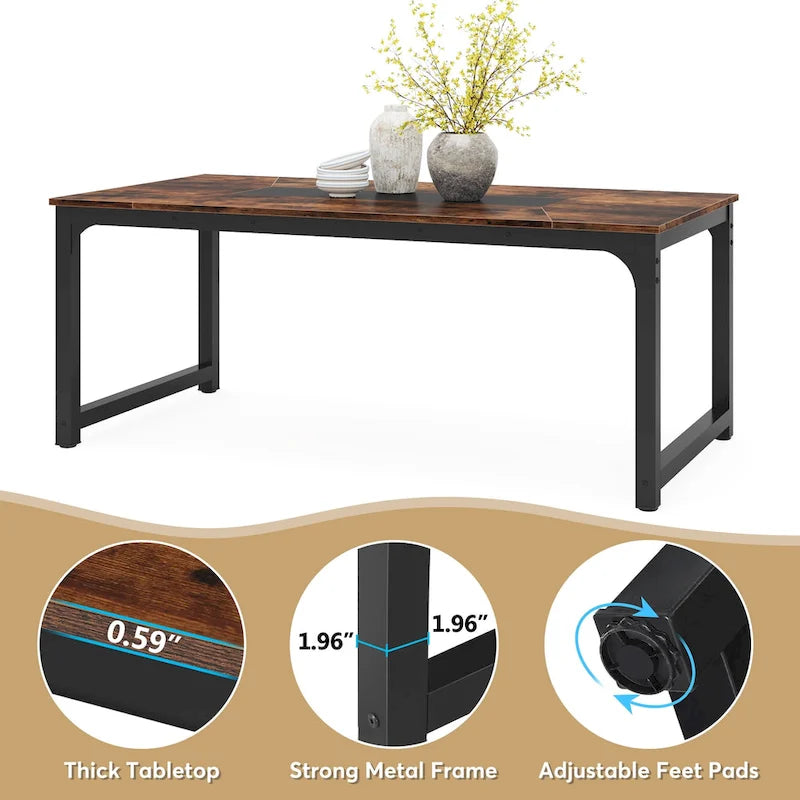 Table à manger rectangulaire industrielle marron rustique avec cadre en métal noir