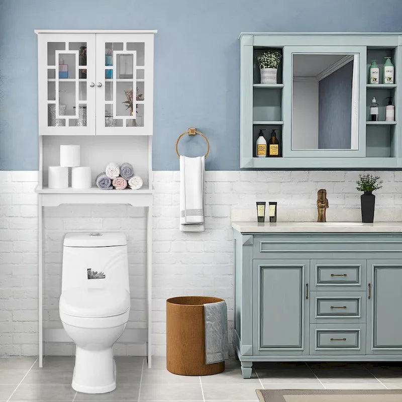 Meuble de rangement en bois blanc à placer au-dessus des toilettes avec portes doubles en verre
