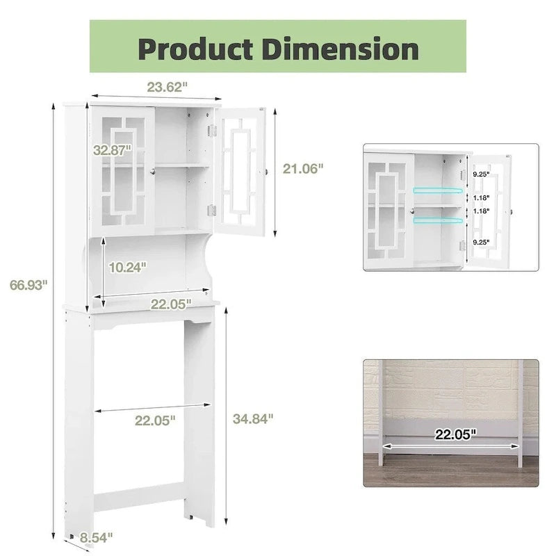 Meuble de rangement en bois blanc à placer au-dessus des toilettes avec portes doubles en verre