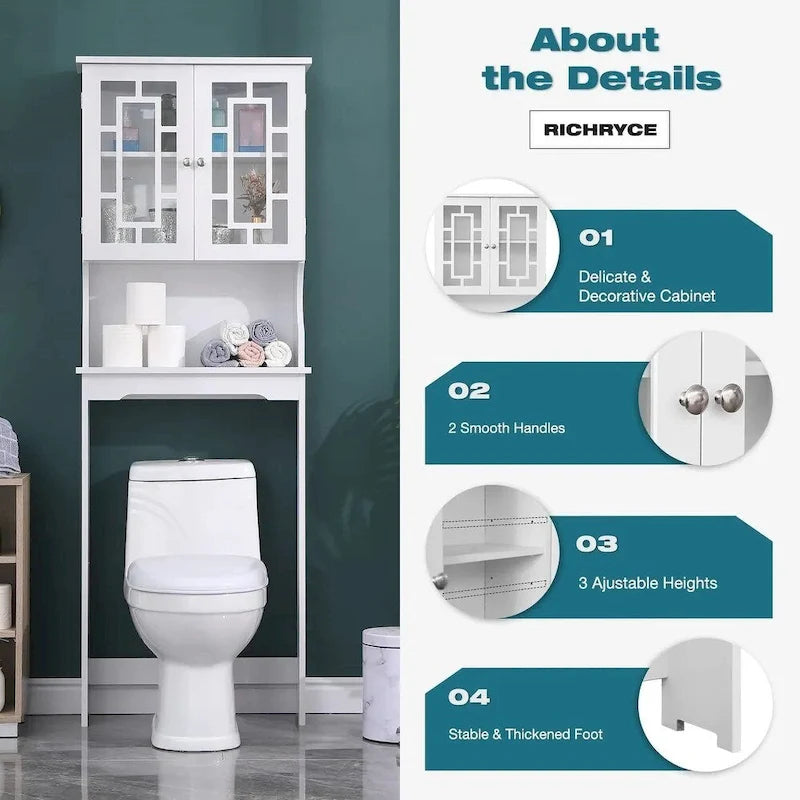 Meuble de rangement en bois blanc à placer au-dessus des toilettes avec portes doubles en verre