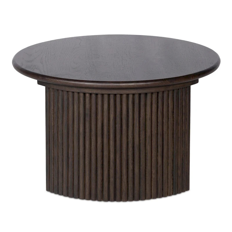 Table basse ronde en chêne massif avec pieds cannelés marron foncé