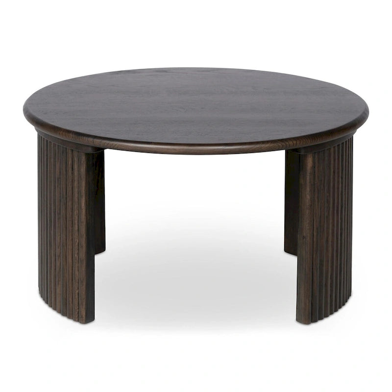 Table basse ronde en chêne massif avec pieds cannelés marron foncé