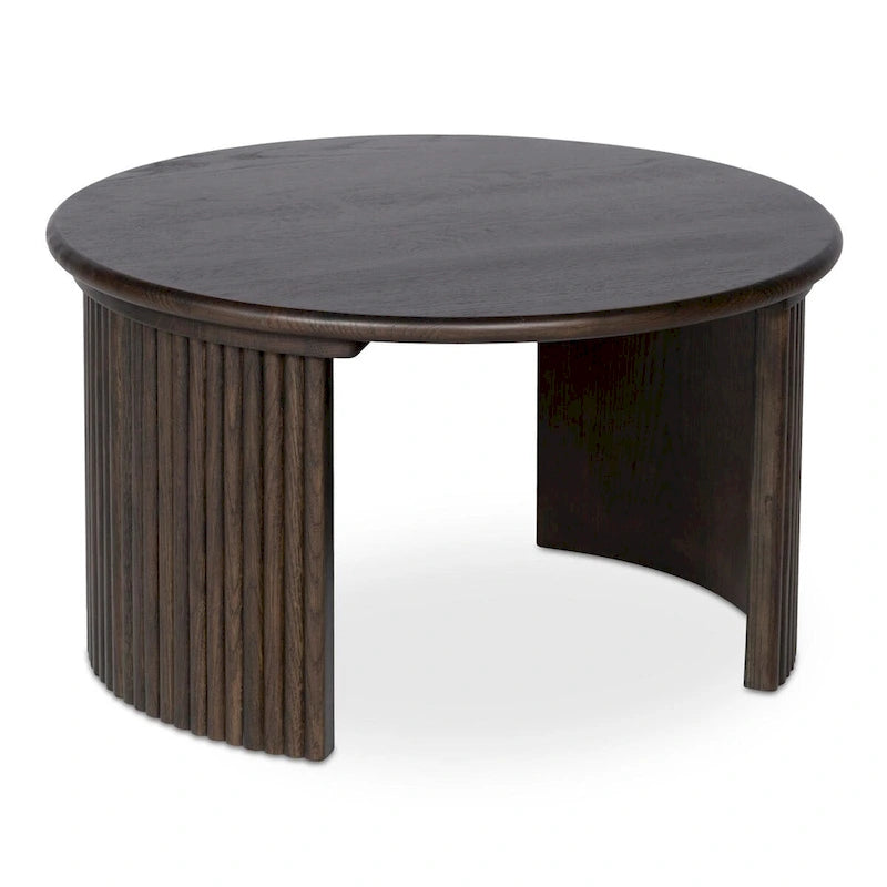 Table basse ronde en chêne massif avec pieds cannelés marron foncé