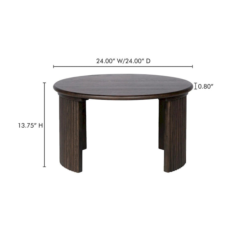 Table basse ronde en chêne massif avec pieds cannelés marron foncé