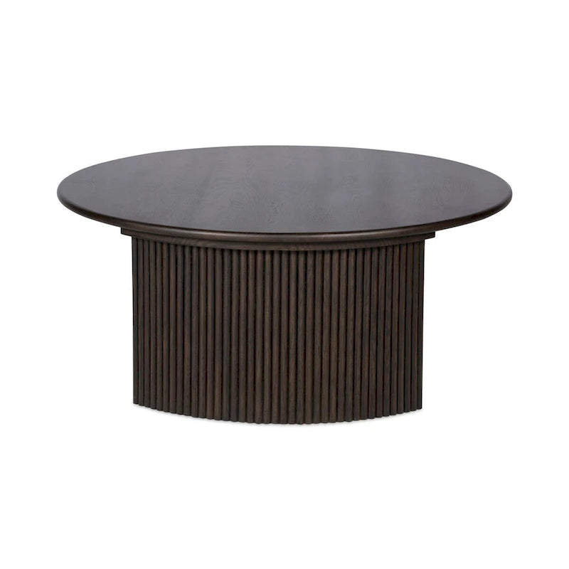 Table basse ronde en chêne massif avec pieds cannelés marron foncé