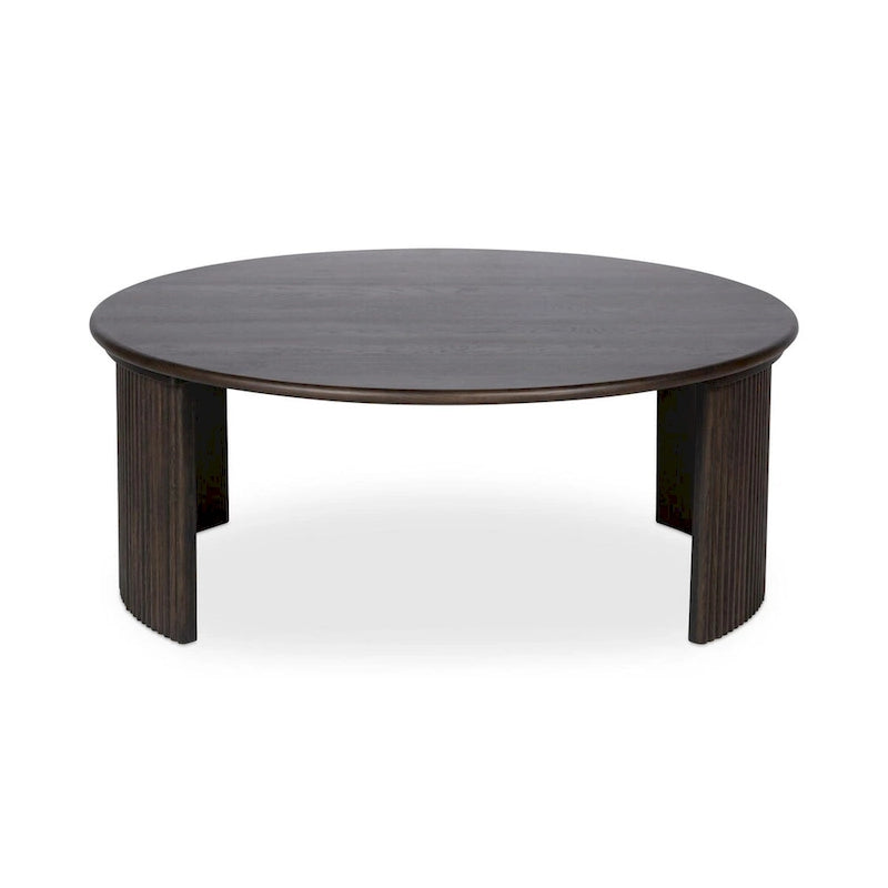 Table basse ronde en chêne massif avec pieds cannelés marron foncé