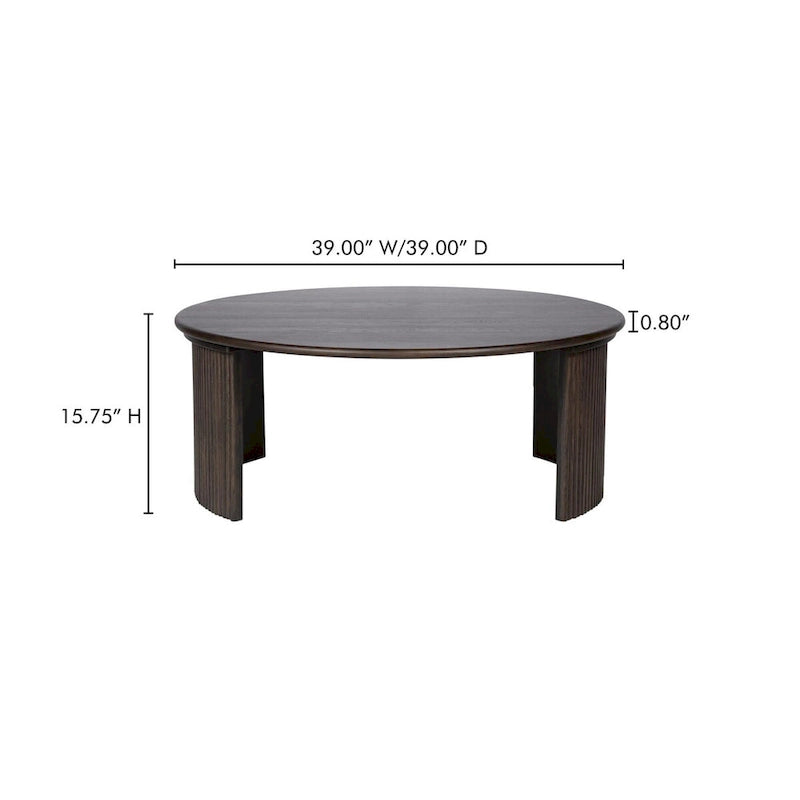 Table basse ronde en chêne massif avec pieds cannelés marron foncé